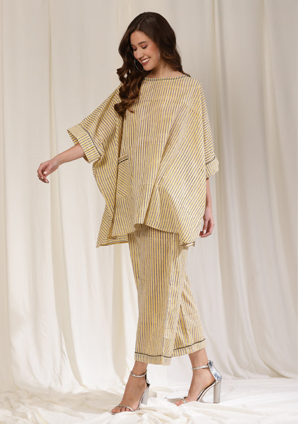 Yellow Brown Striped Hand Block Printed Short Kaftan With Pants/ Co-ord Set