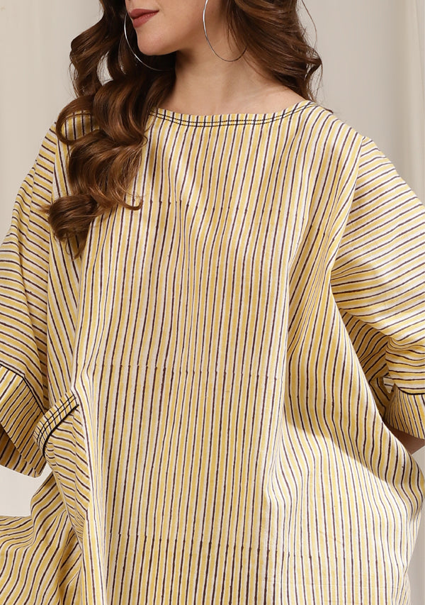 Yellow Brown Striped Hand Block Printed Short Kaftan With Pants/ Co-ord Set