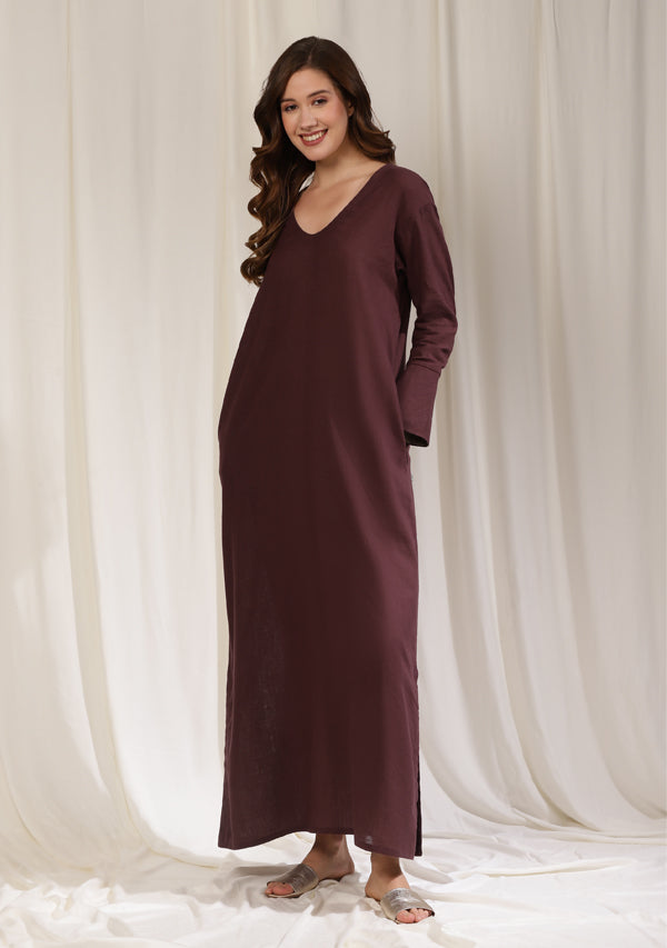 Dark Wine Long Cotton Dress with Cuffs