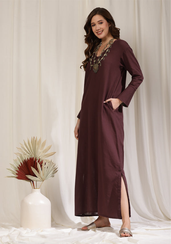 Dark Wine Long Cotton Dress with Cuffs