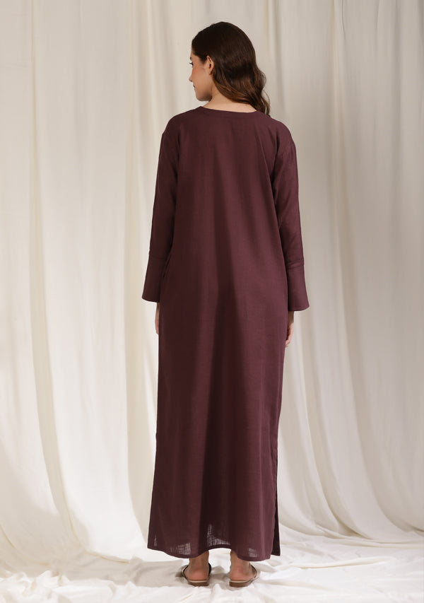 Dark Wine Long Cotton Dress with Cuffs