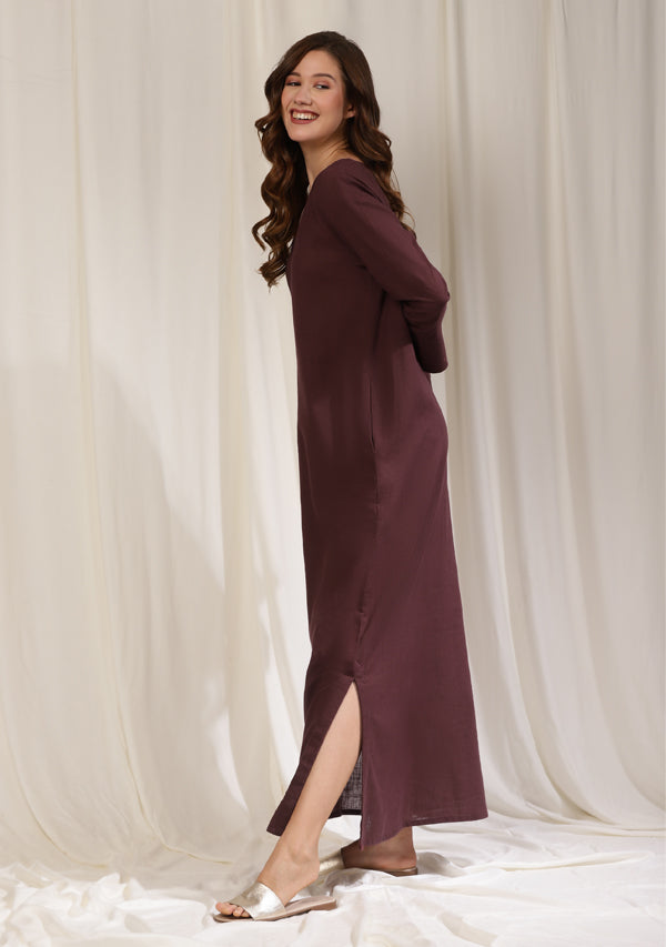 Dark Wine Long Cotton Dress with Cuffs