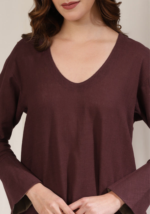 Dark Wine Long Cotton Dress with Cuffs