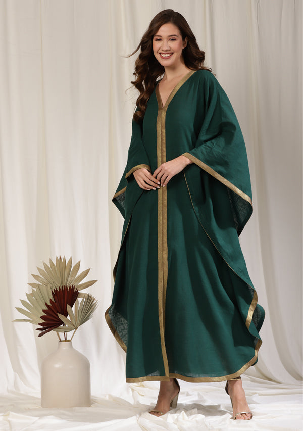 Flowy Emerald Green Cotton Kaftan with Contrast Bronze Tissue Trimmings
