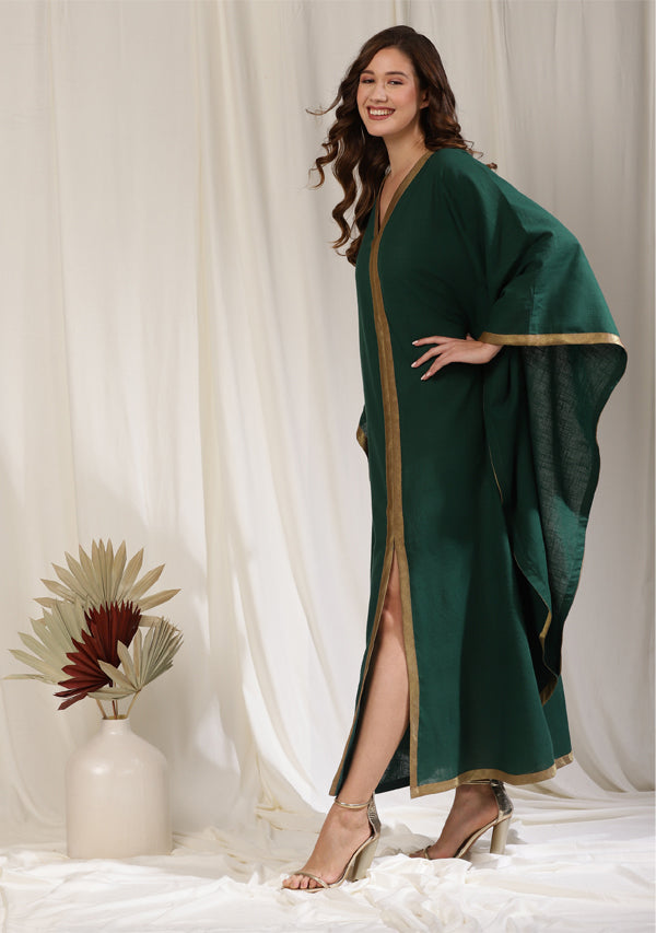 Flowy Emerald Green Cotton Kaftan with Contrast Bronze Tissue Trimmings