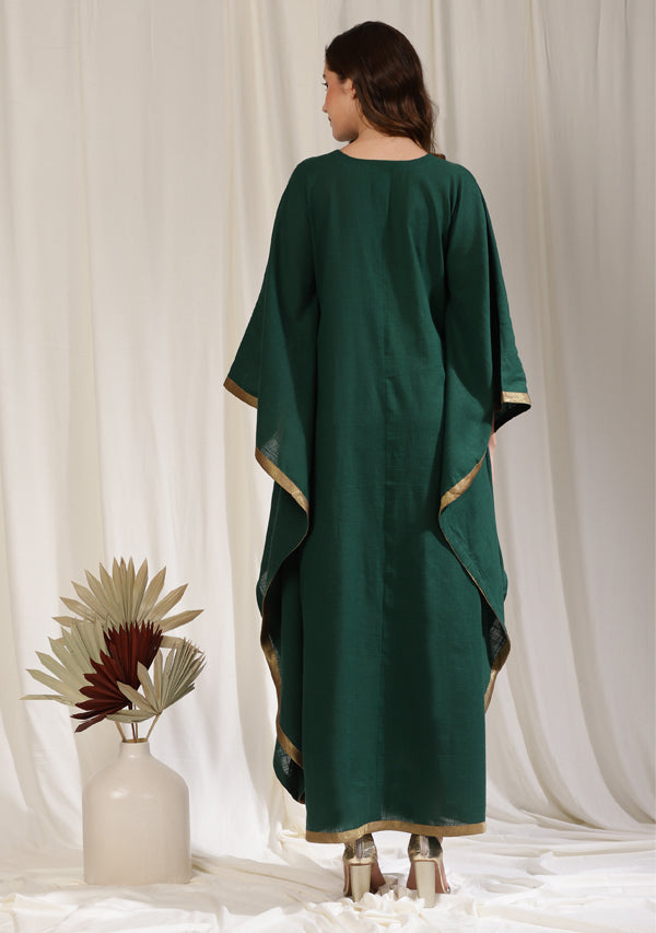 Flowy Emerald Green Cotton Kaftan with Contrast Bronze Tissue Trimmings