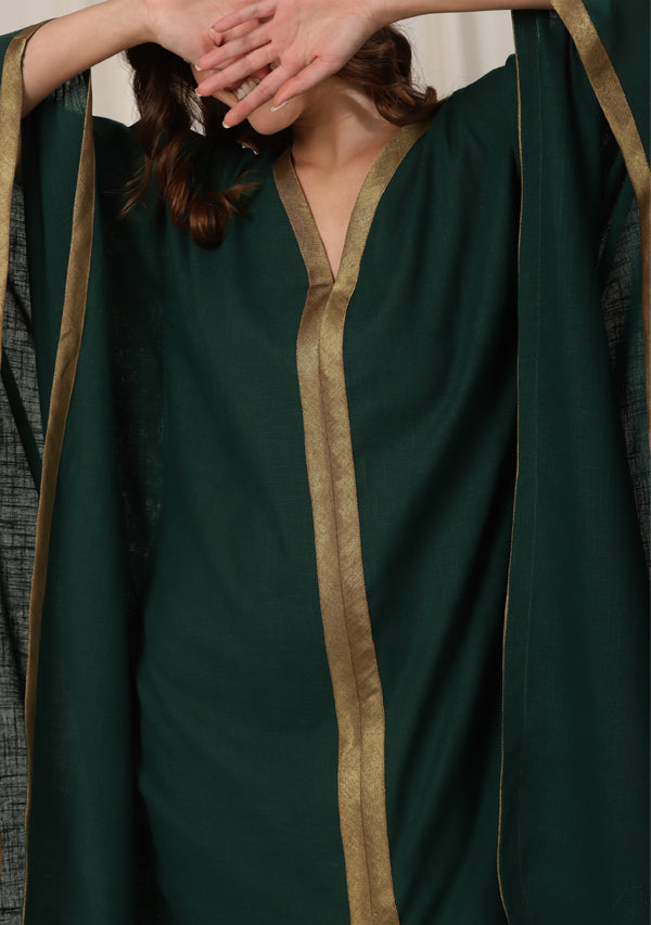 Flowy Emerald Green Cotton Kaftan with Contrast Bronze Tissue Trimmings