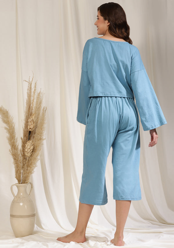 Blue Cotton Hosiery Flared Sleeve Crop Top with Capris