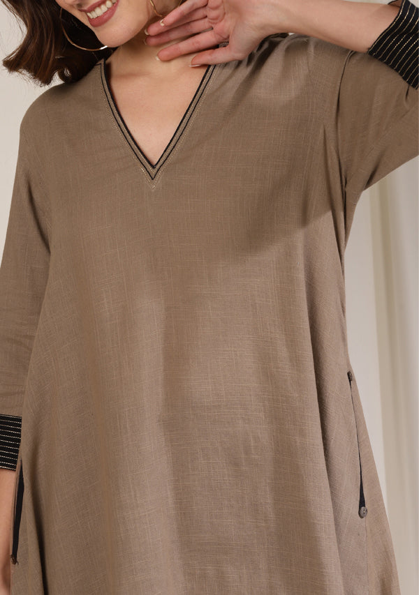 Brown Asymmetric Cotton Co-ord Set with Black and Bronze Trimmings