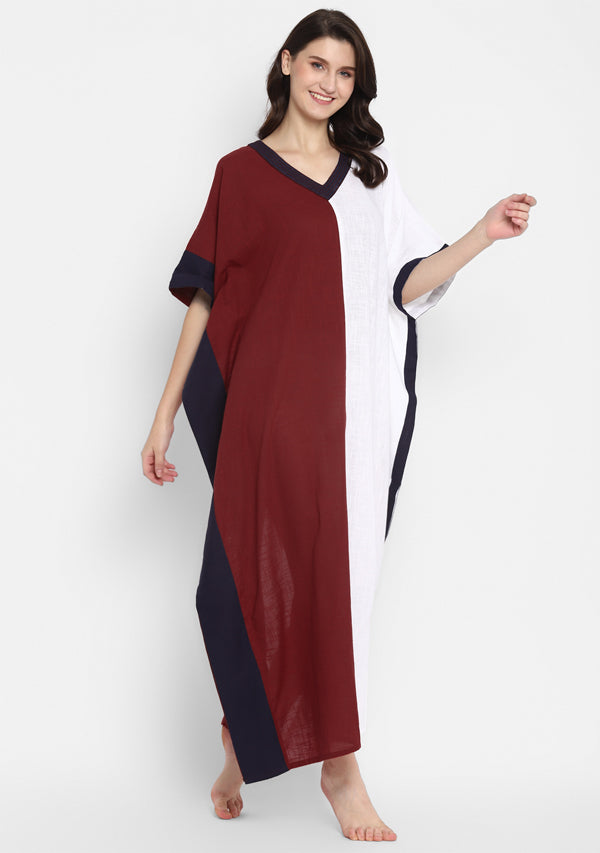 Maroon White V-Neck Cotton Kaftan with Contrast Stitch Lines