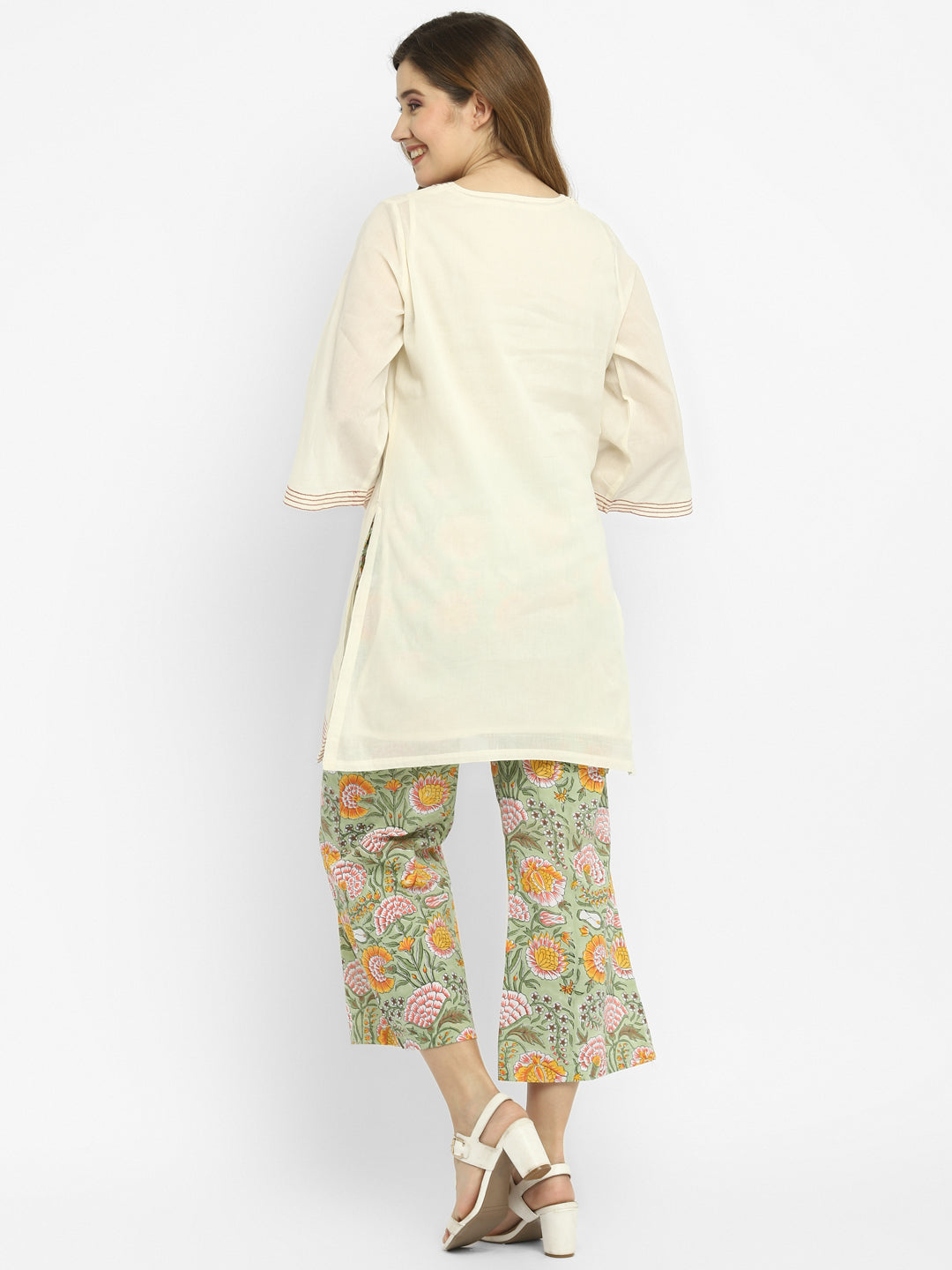 Ivory Mulmul Kurta With Contrast Stitch Lines Paired with Colourful Hand Block Printed Pants/Slip