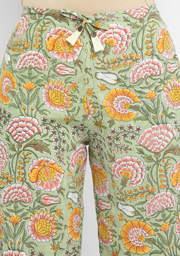Ivory Mulmul Kurta With Contrast Stitch Lines Paired with Colourful Hand Block Printed Pants/Slip