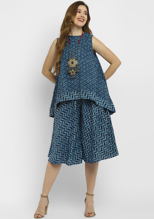 Indigo Ivory Hand Block Printed Sleeveless Cotton Top with Mid Length Flared Pants