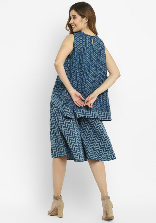 Indigo Ivory Hand Block Printed Sleeveless Cotton Top with Mid Length Flared Pants