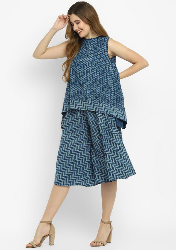 Indigo Ivory Hand Block Printed Sleeveless Cotton Top with Mid Length Flared Pants