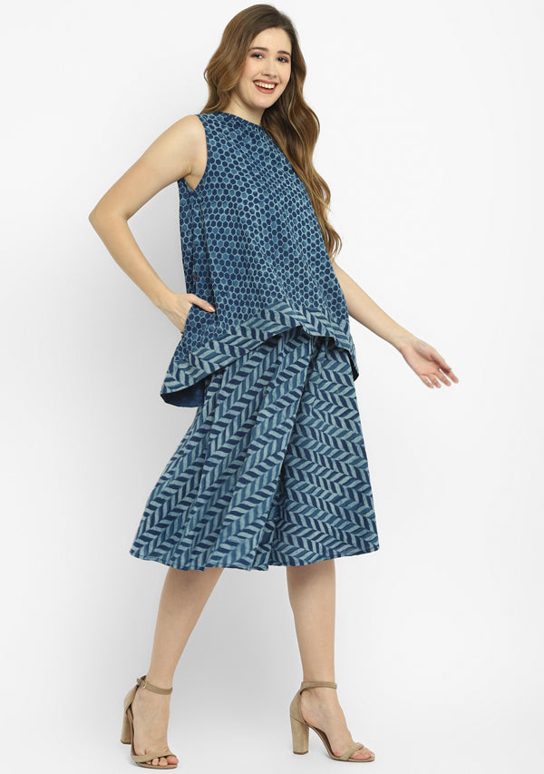 Indigo Ivory Hand Block Printed Sleeveless Cotton Top with Mid Length Flared Pants
