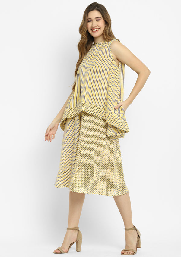 Yellow Black Hand Block Printed Striped Sleeveless Cotton Top with Mid Length Flared Pants