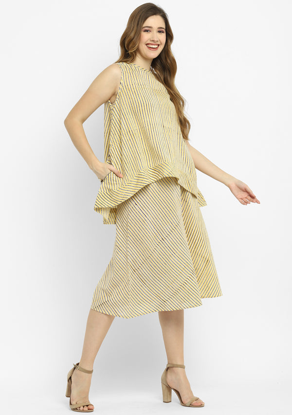 Yellow Black Hand Block Printed Striped Sleeveless Cotton Top with Mid Length Flared Pants