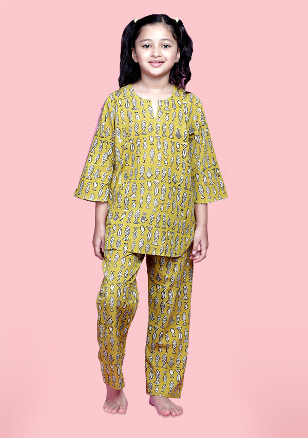 Mustard Ivory Fish Motif Hand Block Printed Cotton Night Suit for Kids - unidra.myshopify.com