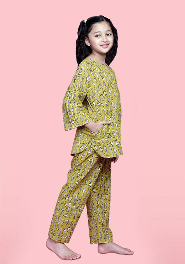 Mustard Ivory Fish Motif Hand Block Printed Cotton Night Suit for Kids - unidra.myshopify.com