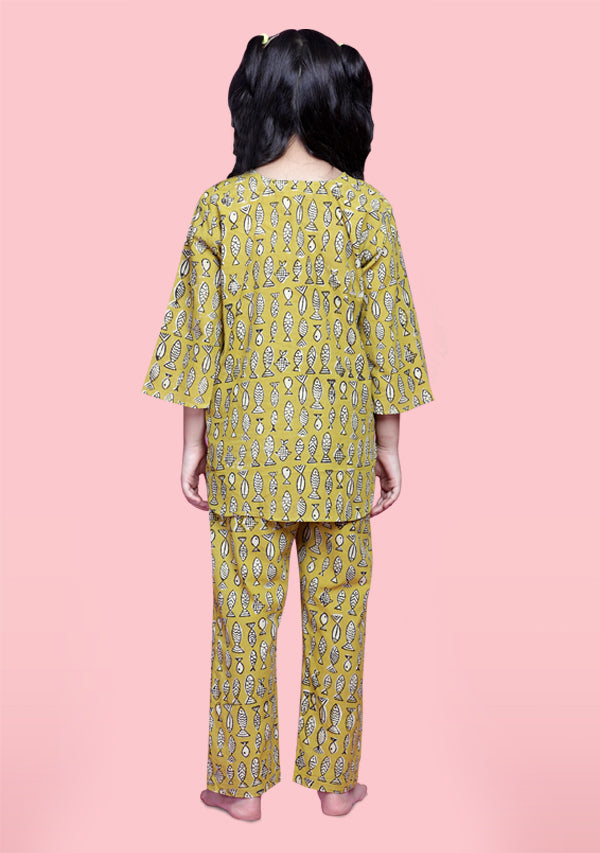 Mustard Ivory Fish Motif Hand Block Printed Cotton Night Suit for Kids - unidra.myshopify.com