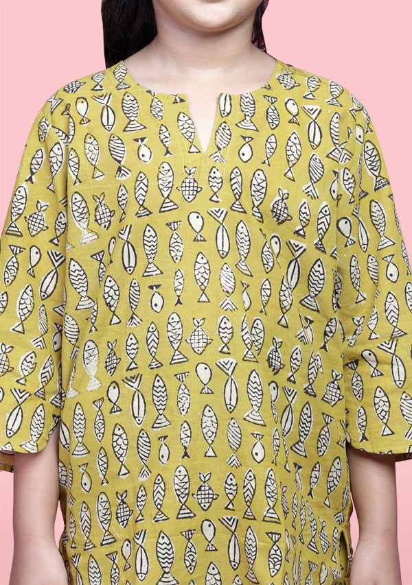 Mustard Ivory Fish Motif Hand Block Printed Cotton Night Suit for Kids - unidra.myshopify.com