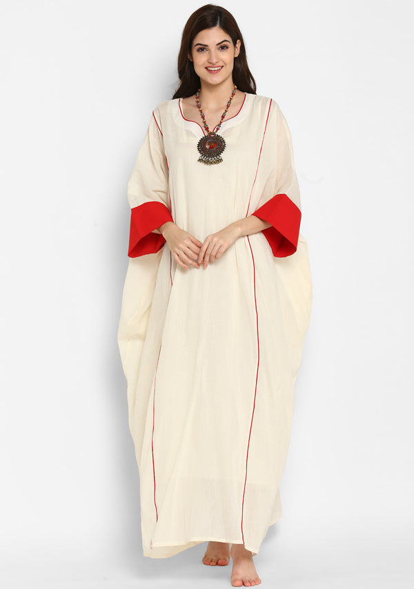 Off White And Red Mulmul Kaftan With Cuff Sleeves And Contrast Trimmings with Slip