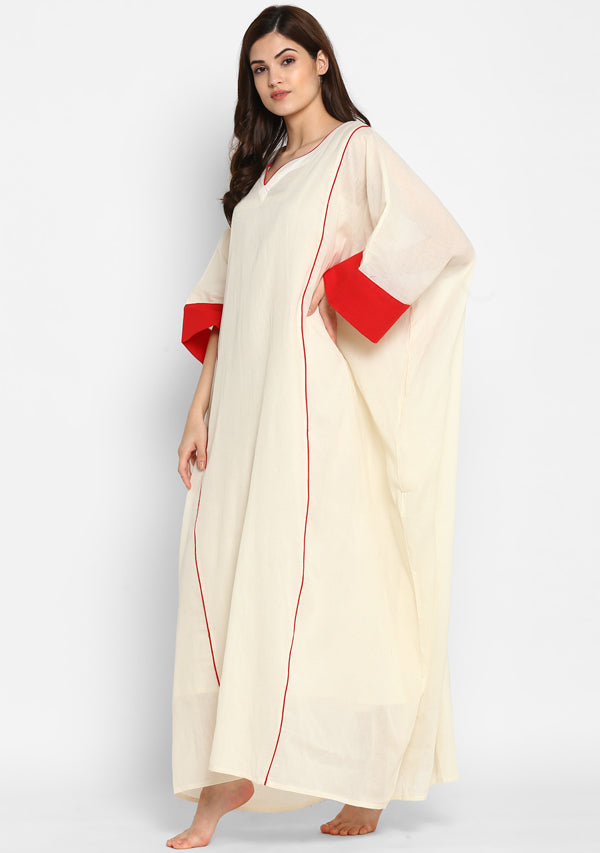 Off White And Red Mulmul Kaftan With Cuff Sleeves And Contrast Trimmings with Slip