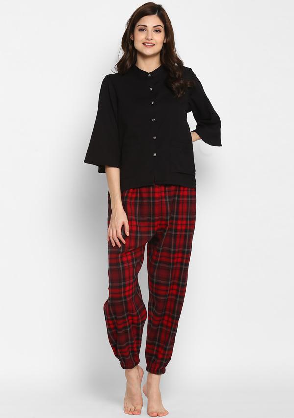 Flannel Red Black Checked Jogger Pants with Black Cotton Top