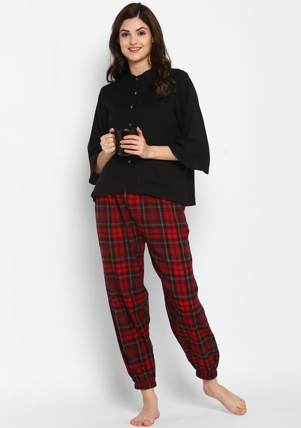 Flannel Red Black Checked Jogger Pants with Black Cotton Top