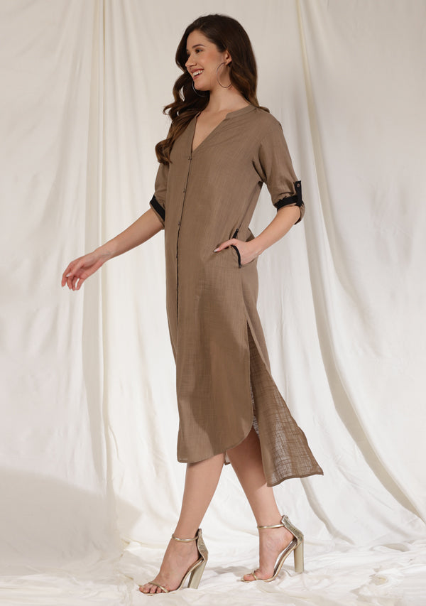 Brown Front Open Cotton Shirt Dress with Wooden Buttons and Contrast Trimmings
