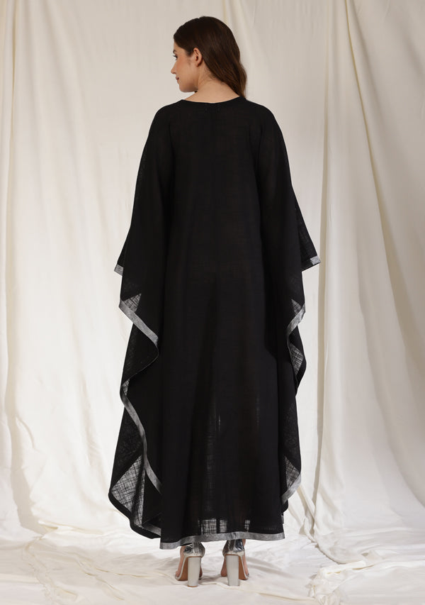 Flowy Black Cotton Kaftan with Contrast Silver Tissue Trimmings