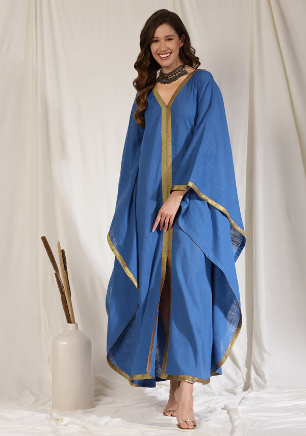 Flowy Royal Blue Cotton Kaftan with Contrast Bronze Tissue Trimmings