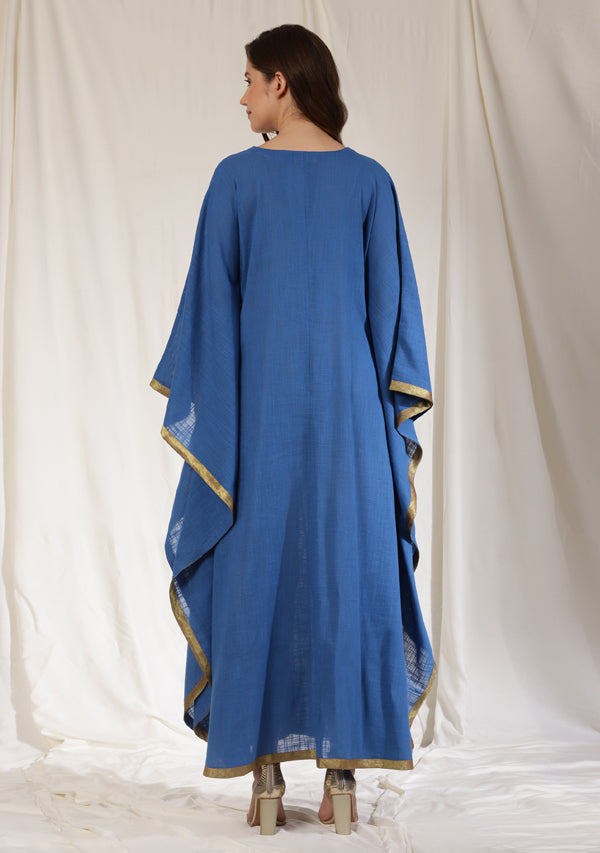 Flowy Royal Blue Cotton Kaftan with Contrast Bronze Tissue Trimmings