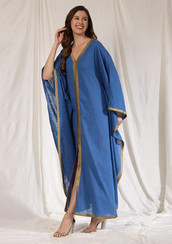 Flowy Royal Blue Cotton Kaftan with Contrast Bronze Tissue Trimmings