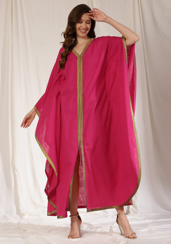 Flowy Fuschia Cotton Kaftan with Contrast Bronze Tissue Trimmings
