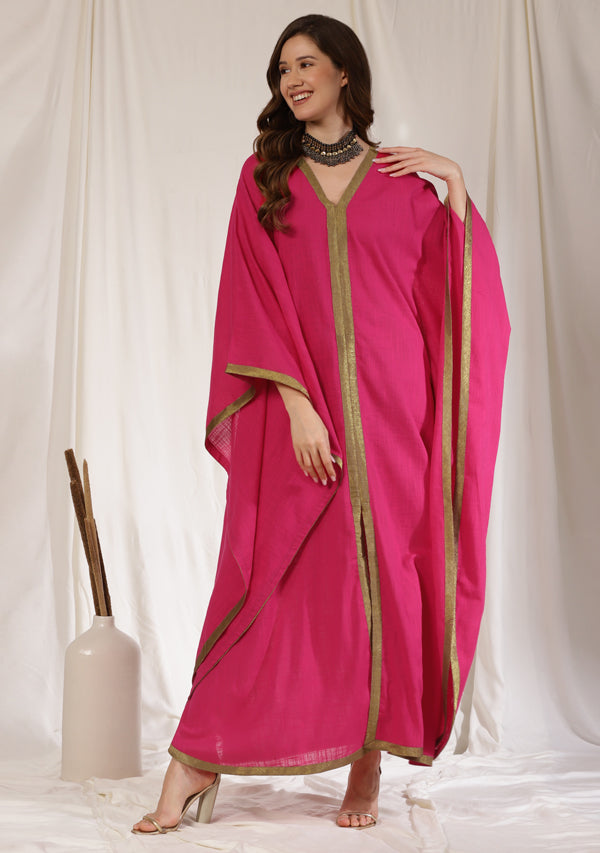 Flowy Fuschia Cotton Kaftan with Contrast Bronze Tissue Trimmings