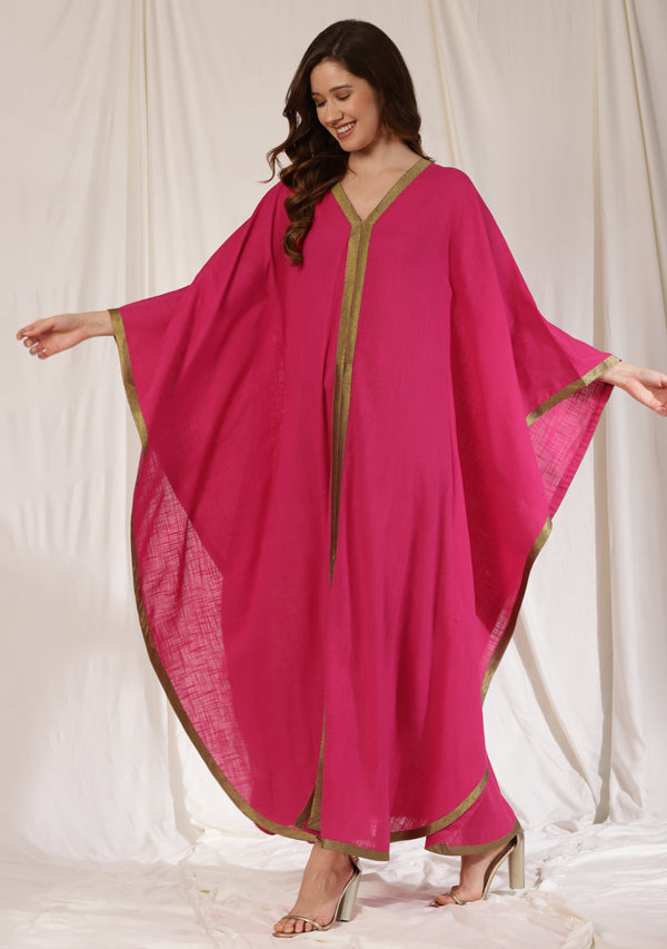 Flowy Fuschia Cotton Kaftan with Contrast Bronze Tissue Trimmings