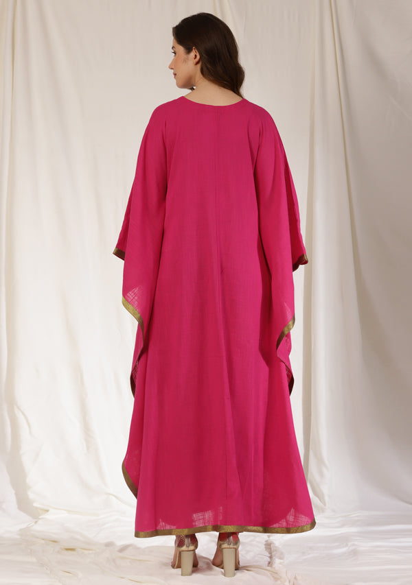 Flowy Fuschia Cotton Kaftan with Contrast Bronze Tissue Trimmings