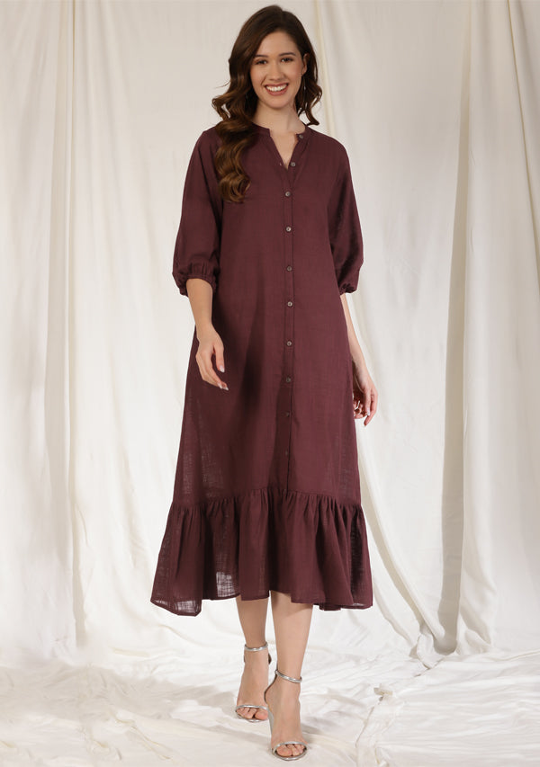 Wine Long Dress with Gathered Hemline