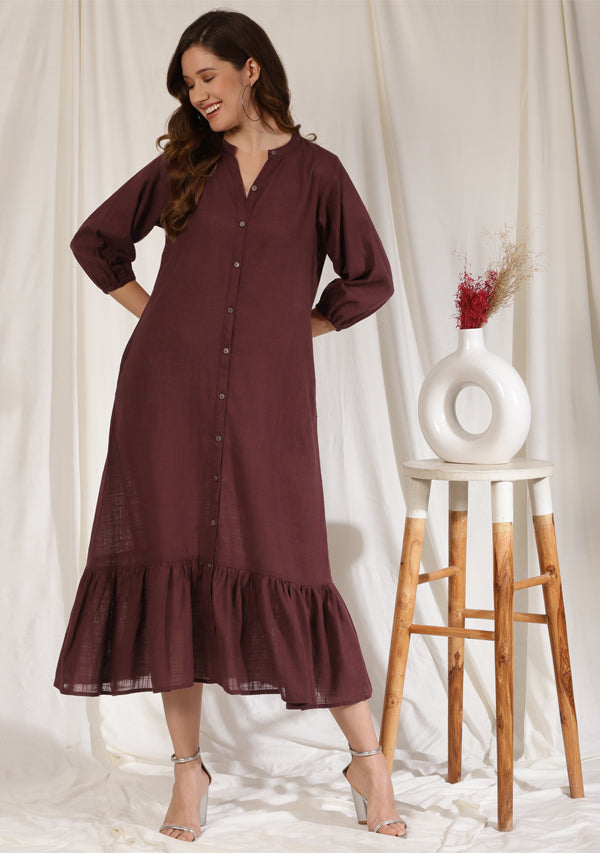 Wine Long Dress with Gathered Hemline