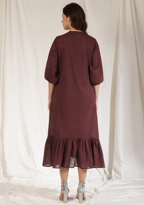 Wine Long Dress with Gathered Hemline