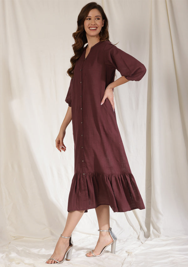 Wine Long Dress with Gathered Hemline