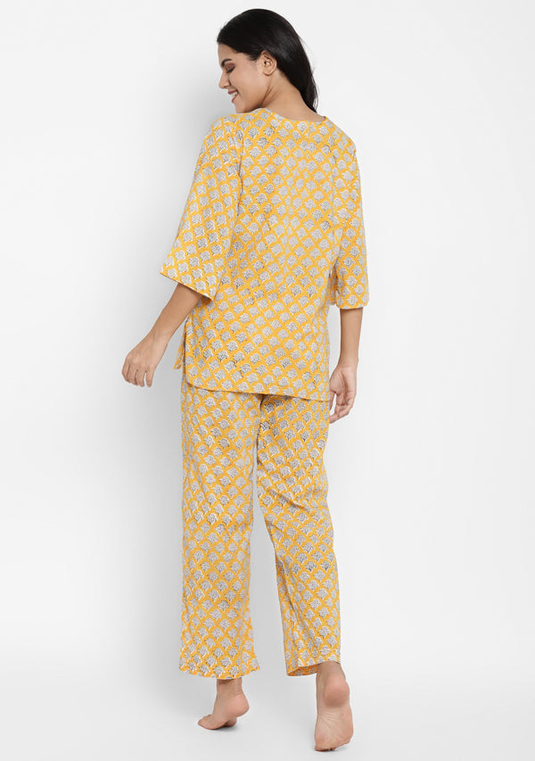 Yellow Ivory Flower Motif Hand Block Printed Cotton Night Suit - unidra.myshopify.com