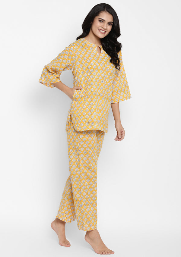Yellow Ivory Flower Motif Hand Block Printed Cotton Night Suit - unidra.myshopify.com