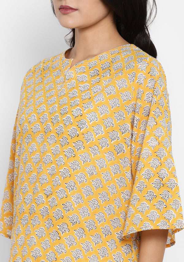 Yellow Ivory Flower Motif Hand Block Printed Cotton Night Suit - unidra.myshopify.com