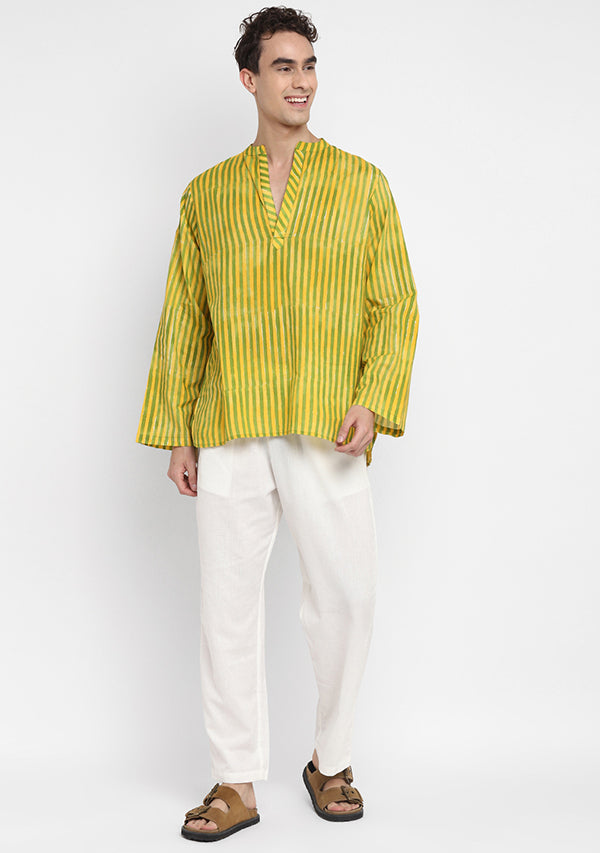 Yellow Green Striped Hand Block Printed Cotton Shirt and Pyjamas For Men - unidra.myshopify.com