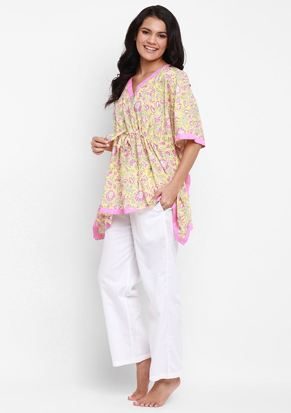 Soft Yellow Pink Flower Motif Hand Block Printed Short Kaftan with White Pyjamas - unidra.myshopify.com
