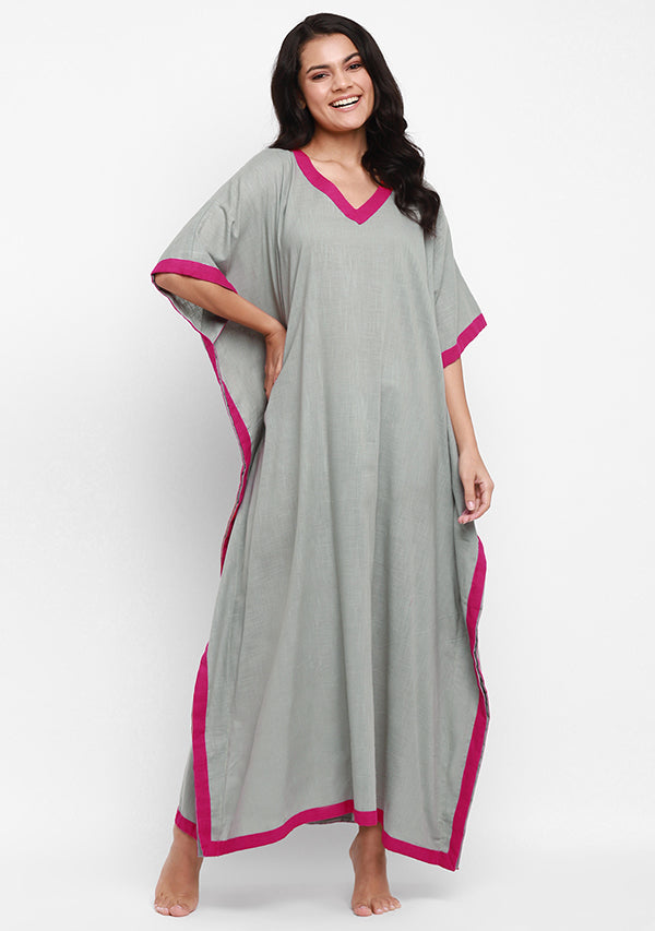 Grey Fuchsia V-Neck Cotton Kaftan