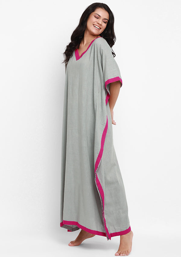 Grey Fuchsia V-Neck Cotton Kaftan